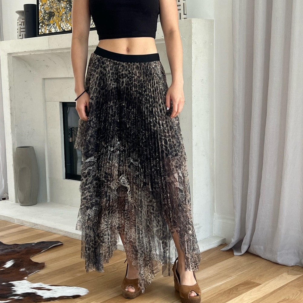 All Saints Leopard Print Pleated Maxi Skirt